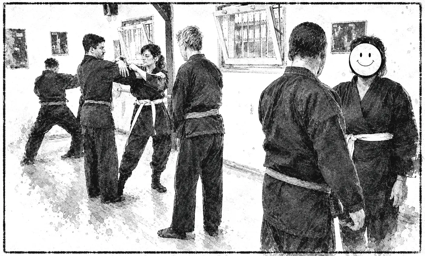 Pratiquants en travail de saisie et de contrôle pendant un cours de Ninjutsu à Gières