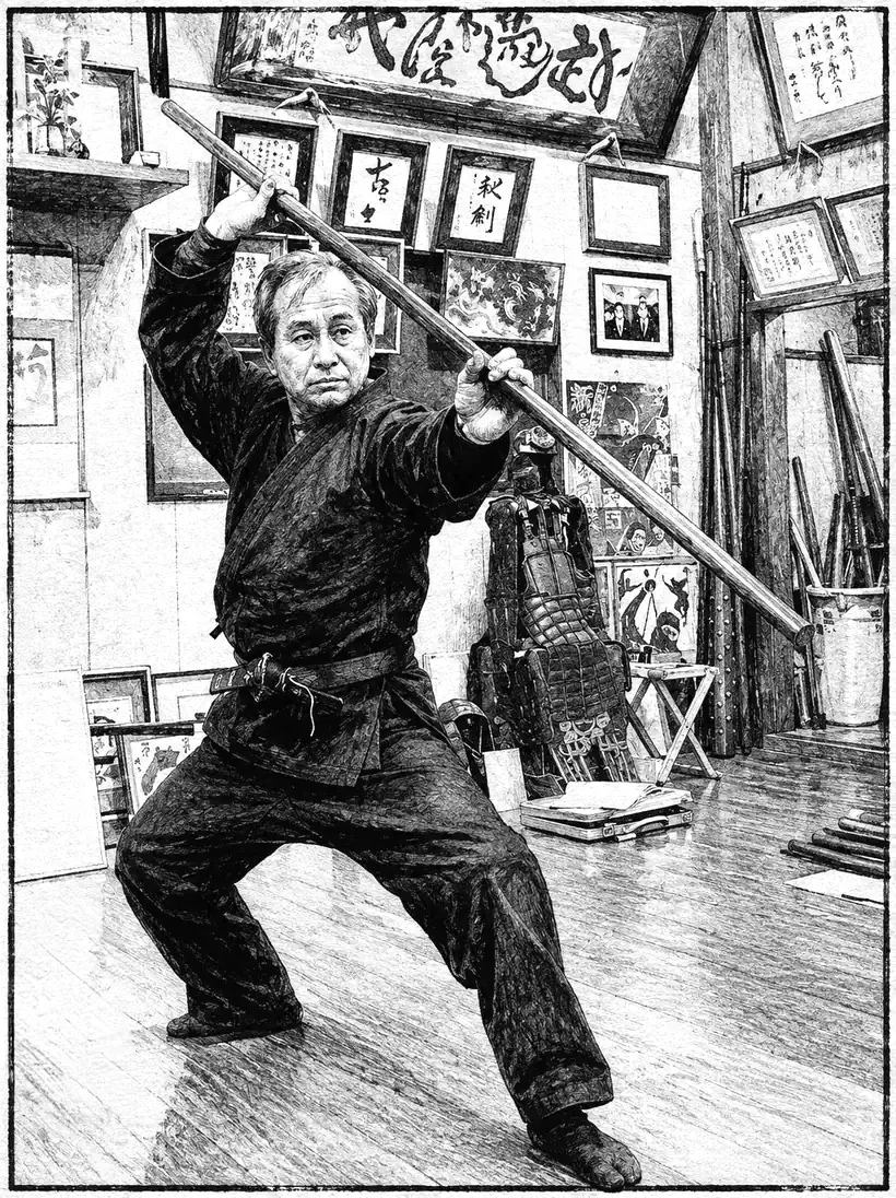 Kenichi Someya en garde avec un bô, travail des armes traditionnelles du Bujinkan