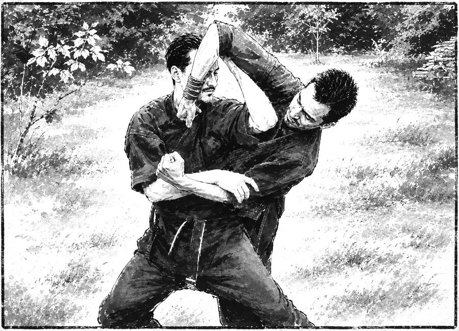Technique de Taijutsu du Bujinkan : contrôle et clé de bras lors d'un entraînement de Ninjutsu